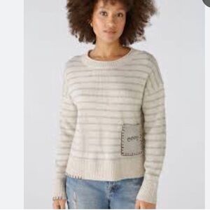 Oui Striped Crewneck Sweater in Cream with Pocket